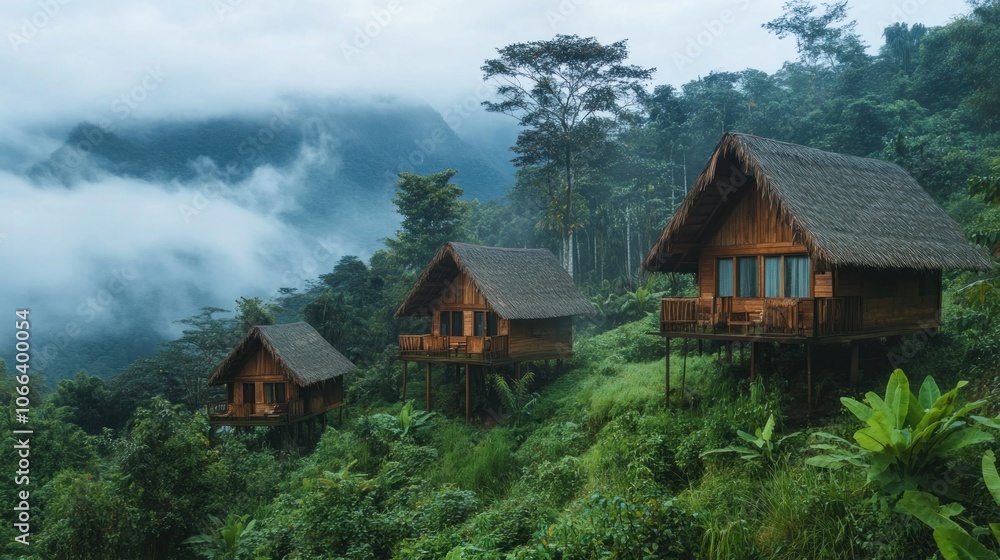 Wooden Cabins In Tropical Rainforest Wooden Cabins In Tropical Rainforest