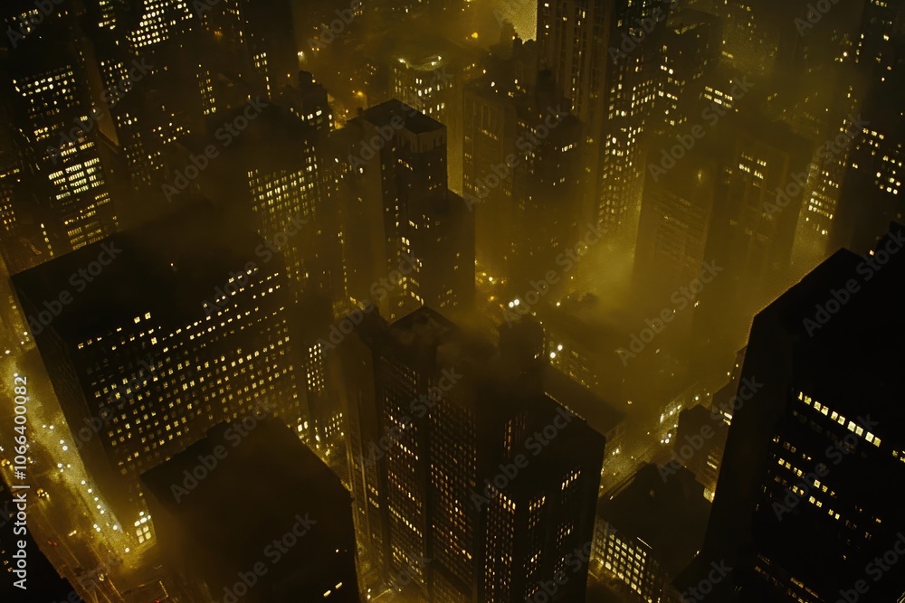 Nighttime Cityscape from Above with Tall Buildings, Eerie Lights, and Misty Atmosphere Nighttime Cityscape from Above with Tall Buildings, Eerie Lights, and Misty Atmosphere