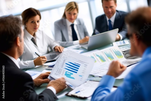 A group of business people in an office meeting, gathered around the table with laptops and notepads on it as one person is presenting data charts to them. professional collaboration during work.