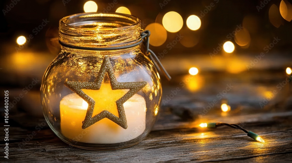 Cozy jar with candle and star decoration, creates warm ambiance on wooden surface with glowing fairy lights. Cozy jar with candle and star decoration, creates warm ambiance on wooden surface with glowing fairy lights.