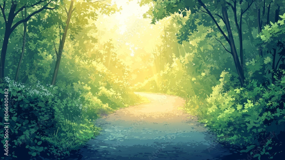 Fototapeta premium Sunlit Forest Pathway with Gentle Road Curves