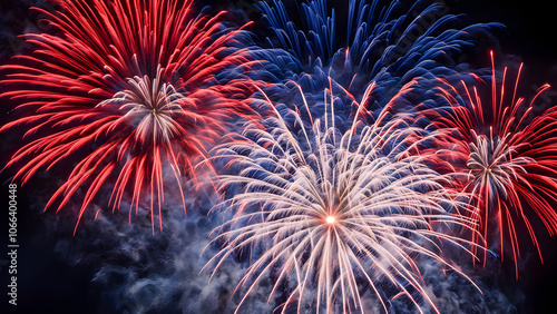 A majestic array of red white and blue fireworks creating a patriotic scene in the night sky, Ai Generated