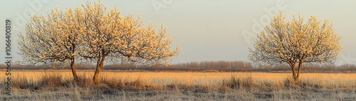 Two Blooming Trees in a Golden Field at Sunset