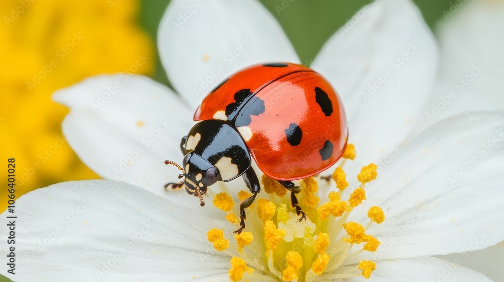 A vibrant ladybug perched on a white flower, surrounded by yellow blossoms, showcasing the beauty of nature and its intricate details. A vibrant ladybug perched on a white flower, surrounded by yellow blossoms, showcasing the beauty of nature and its intricate details.