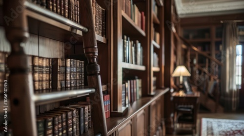 Wooden ladder is leaning on a bookshelf full of old books in a library, creating a warm and inviting atmosphere for reading and studying