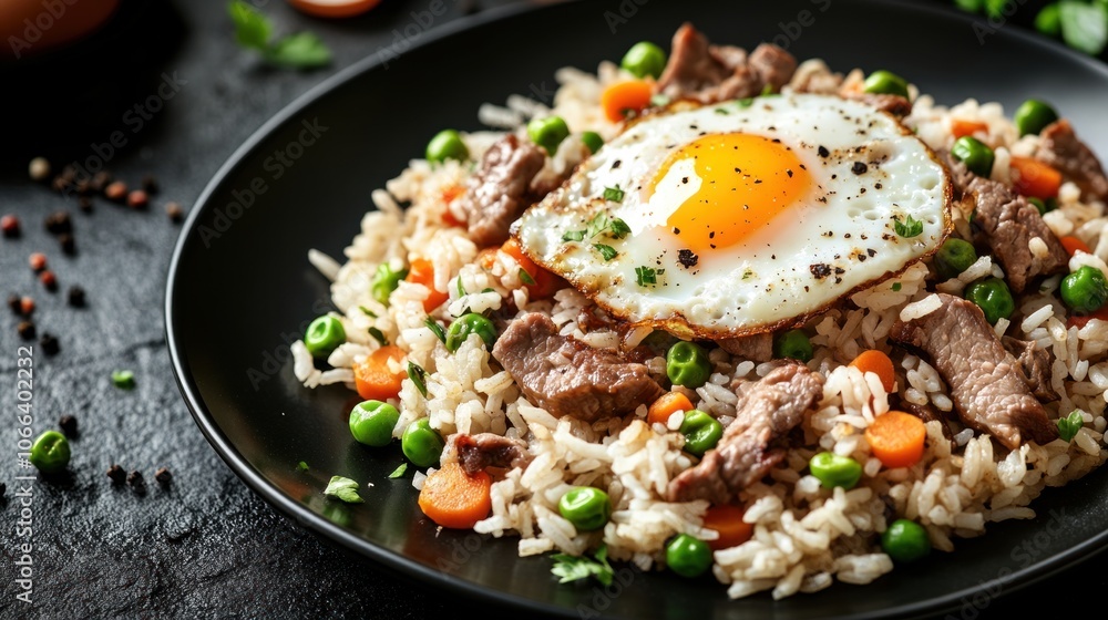 Fried Rice with Beef, Peas, Carrots, and Fried Egg Fried Rice with Beef, Peas, Carrots, and Fried Egg