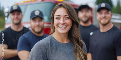 female firefighter stands confidently with her team of male colleagues in front of fire truck, showcasing teamwork and camaraderie