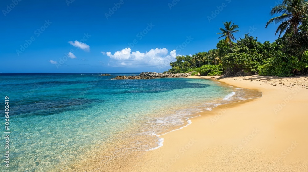 A serene beach scene with clear waters, golden sand, and lush greenery under a bright blue sky. A serene beach scene with clear waters, golden sand, and lush greenery under a bright blue sky.