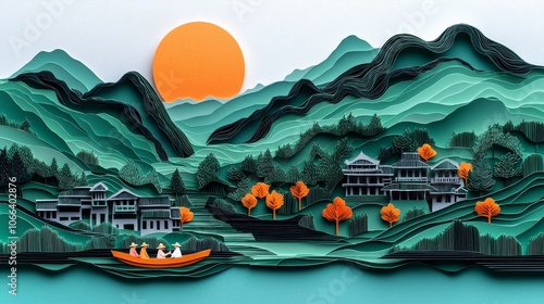 Wallpaper Mural Tranquil Scene of Paper Art Landscape with Sun Torontodigital.ca