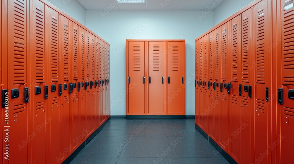 Fototapeta premium Bright Gym Locker Room with Orange Lockers and Lights