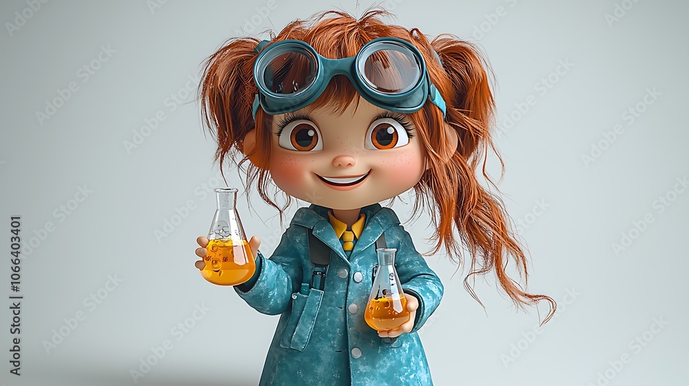 Cute Cartoon Girl Scientist Holding Flasks Cute Cartoon Girl Scientist Holding Flasks