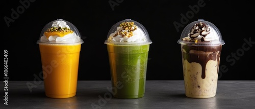  Vibrant Advertising Photo of Three Unique Smoothie Drinks in Transparent Cups with Cream and Toppings