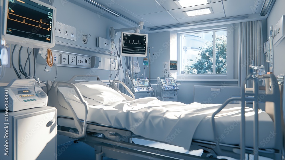 Clean Hospital Bed with White Sheets and Equipment Clean Hospital Bed with White Sheets and Equipment