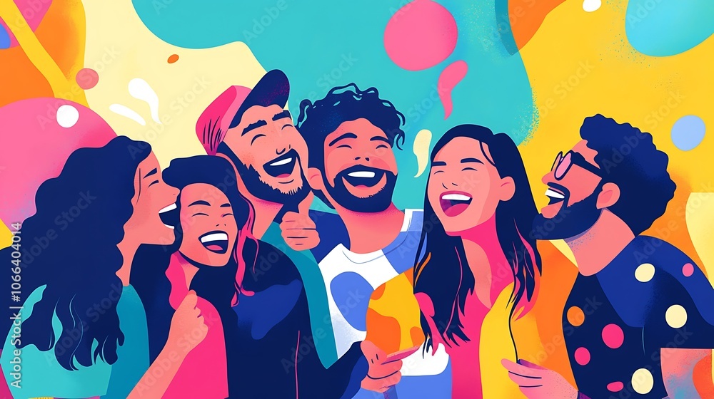 A group of diverse friends laughing and having fun together against a colorful abstract background. A group of diverse friends laughing and having fun together against a colorful abstract background.