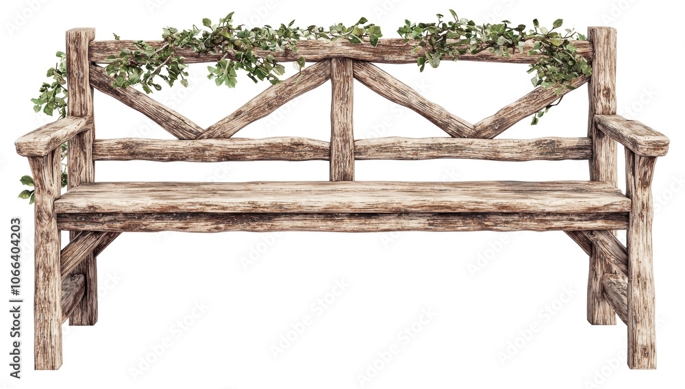 Obraz premium Enhance your outdoor space with a rustic wooden bench adorned with greenery for a charming and inviting atmosphere transparent background