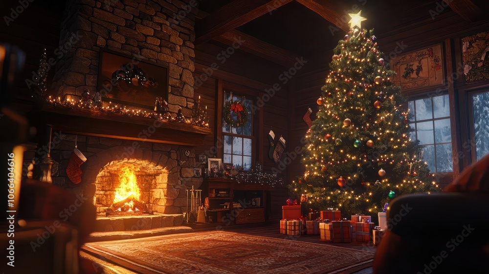 Cozy holiday scene with a decorated tree and warm fireplace for festive cheer Cozy holiday scene with a decorated tree and warm fireplace for festive cheer