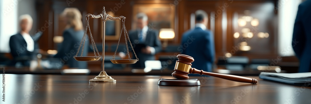 Naklejka premium close up of scale and wooden gavel on desk in courtroom setting, with blurred figures in background, symbolizing justice and legal proceedings