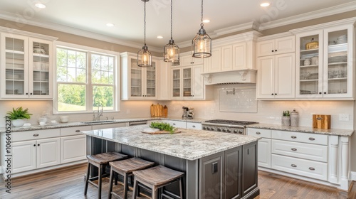 Modern kitchen with white cabinets, granite countertops, and a large island with three bar stools.