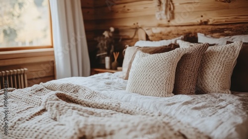 Cozy Bedroom with Warm Knitted Pillows and Covers