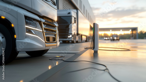Electric trucks charging at industrial dock during sunset, showcasing sustainable transportation