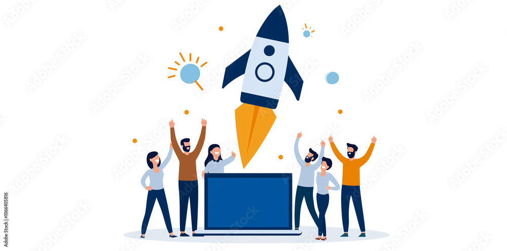 group of people celebrating successful rocket launch with enthusiasm group of people celebrating successful rocket launch with enthusiasm