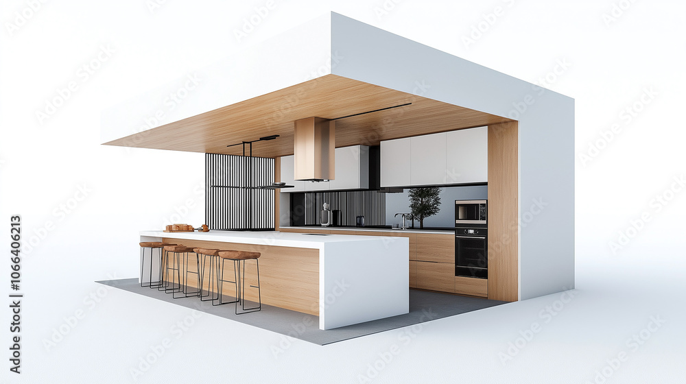 Modern kitchen interior design with white and wood theme, featuring sleek island and bar stools. minimalist style and open layout create spacious and inviting atmosphere Modern kitchen interior design with white and wood theme, featuring sleek island and bar stools. minimalist style and open layout create spacious and inviting atmosphere