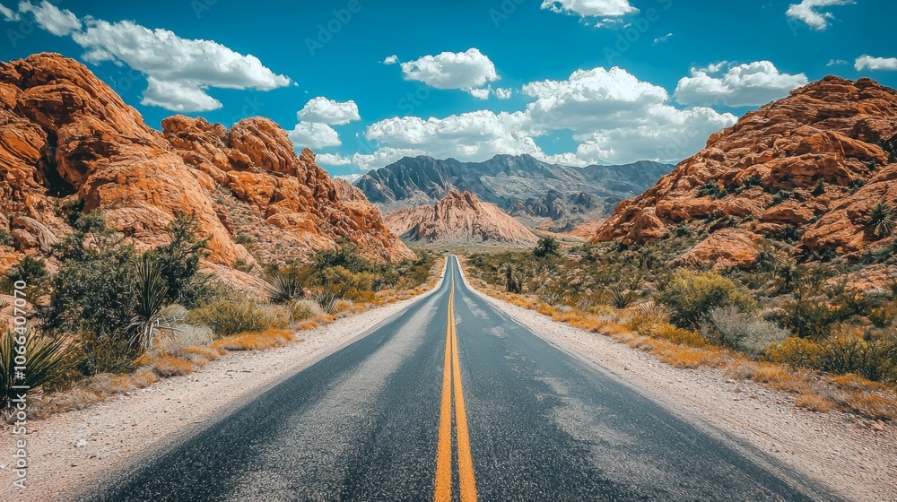 Fototapeta premium Open Road Through Desert Landscape to Distant Mountains