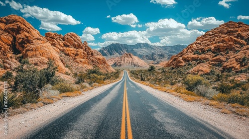 Open Road Through Desert Landscape to Distant Mountains