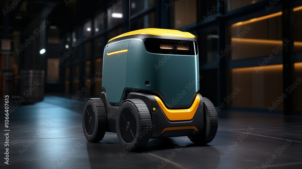 Advanced delivery robot navigating a modern indoor space during the evening Advanced delivery robot navigating a modern indoor space during the evening