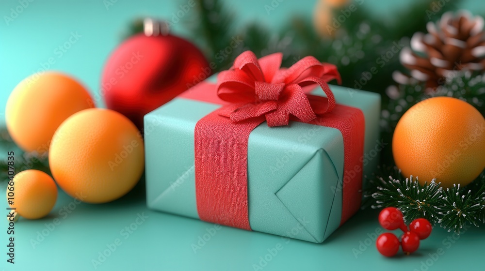Festive holiday setting with a green gift box tied with a red bow surrounded by colorful ornaments and pine cones on a teal background. Festive holiday setting with a green gift box tied with a red bow surrounded by colorful ornaments and pine cones on a teal background.