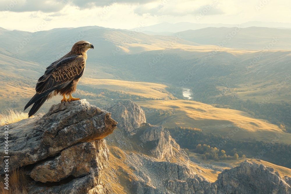 Fototapeta premium Majestic Eagle Perched on Mountain Cliff with Valley View