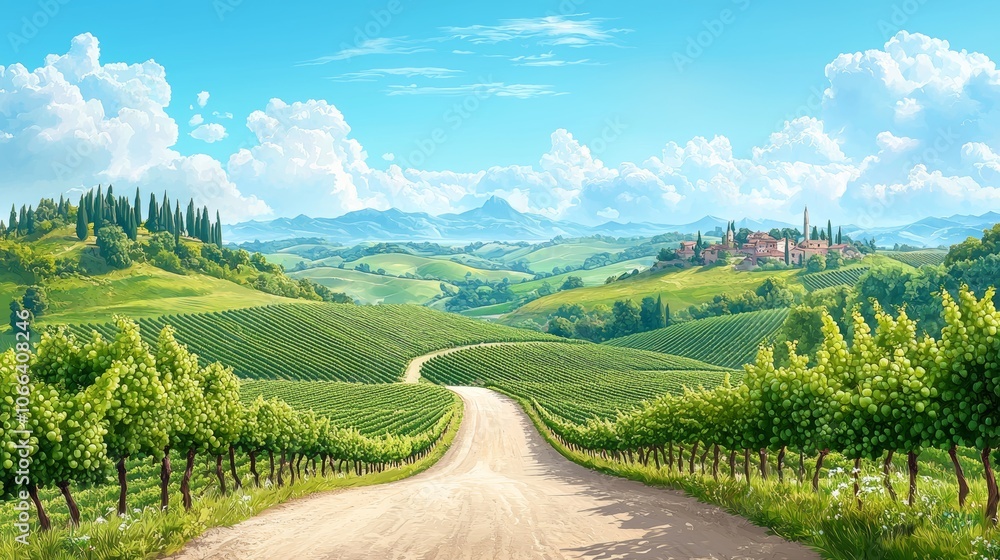 Fototapeta premium Scenic Vineyard Road through Lush Green Hills