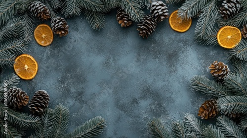 Frame of fir branches, pinecones and orange slices on gray background. Christmas and New Year celebration. Holiday decorations. Top view, flat lay with copy space