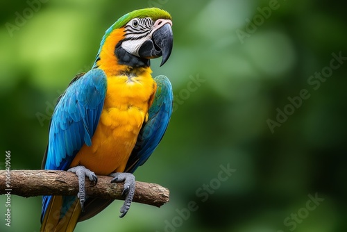 Colorful Blue and Yellow Macaw Parrot Perched on Branch in Tropical Rainforest