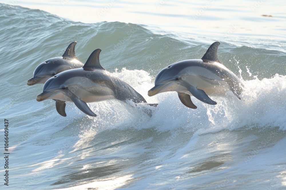 Fototapeta premium Three Dolphins Jumping Over Ocean Wave