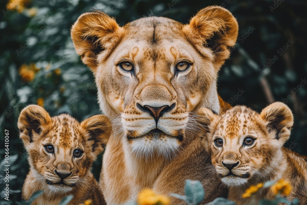Obraz premium Lioness with Two Cubs Portrait Closeup Wildlife Photography
