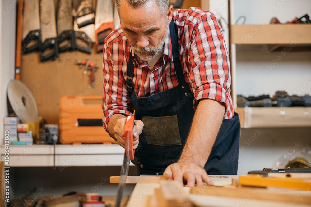 A carpenter in a red plaid shirt and blue overalls saws a piece of wood with a handsaw on a workbench, concentrating on precise cuts in the woodworking project, National Carpenters Day A carpenter in a red plaid shirt and blue overalls saws a piece of wood with a handsaw on a workbench, concentrating on precise cuts in the woodworking project, National Carpenters Day