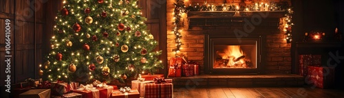 Decorated Christmas Tree and Fireplace in a Cozy Room