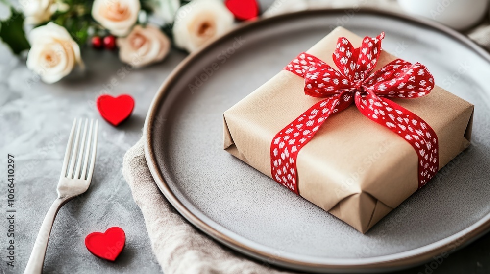 Gift on a plate with a red ribbon, surrounded by flowers and decorations. Perfect for celebrations, romance, and special occasions. Gift on a plate with a red ribbon, surrounded by flowers and decorations. Perfect for celebrations, romance, and special occasions.