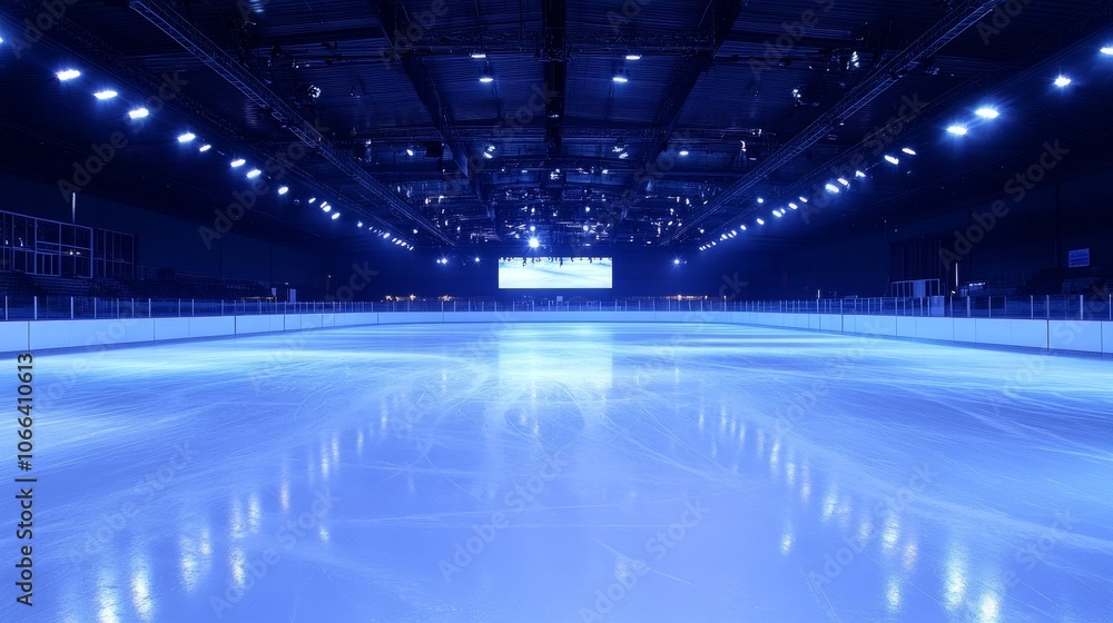 An illuminated ice rink with a smooth surface, ready for skating or ice sports activities. An illuminated ice rink with a smooth surface, ready for skating or ice sports activities.