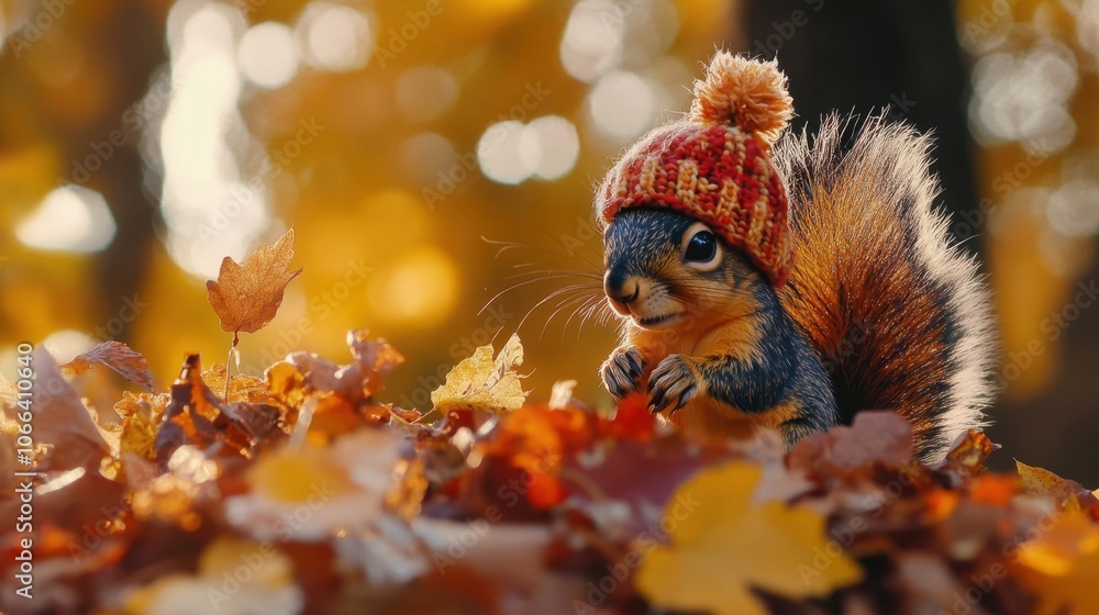 Obraz premium Squirrel in Autumn Leaves with a Hat