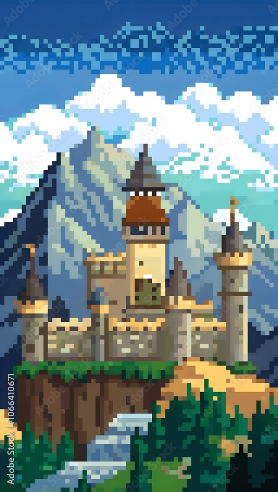 Medieval castle with mountains and clouds during daytime pixel art background. 8-bit game assets Medieval castle with mountains and clouds during daytime pixel art background. 8-bit game assets