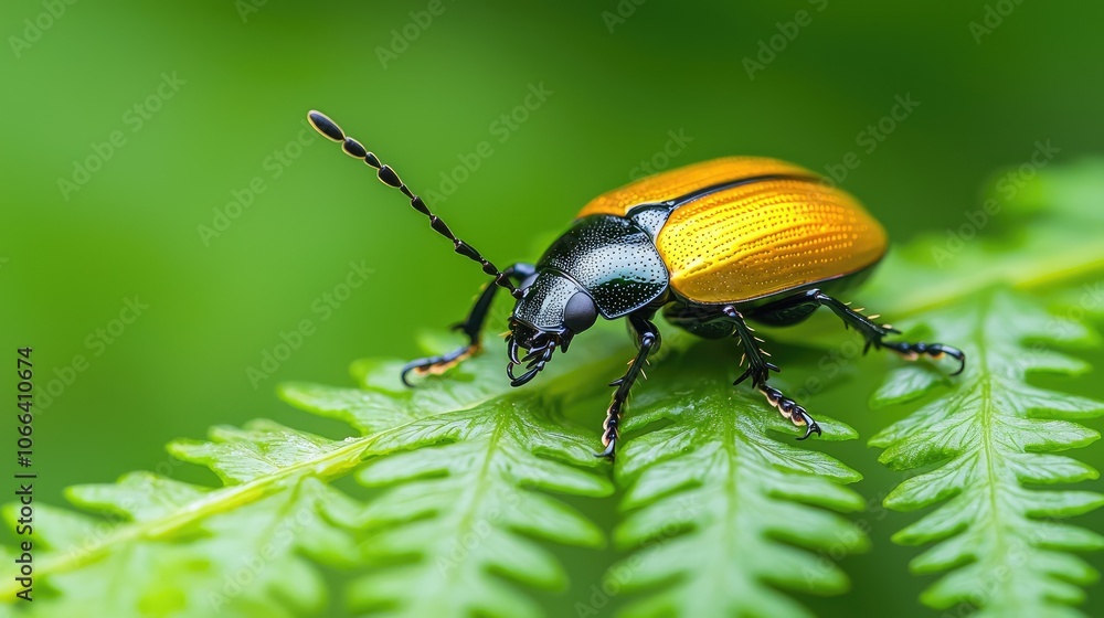 Explore the fascinating world of vibrant beetles striding across lush green ferns in nature's canvas Explore the fascinating world of vibrant beetles striding across lush green ferns in nature's canvas