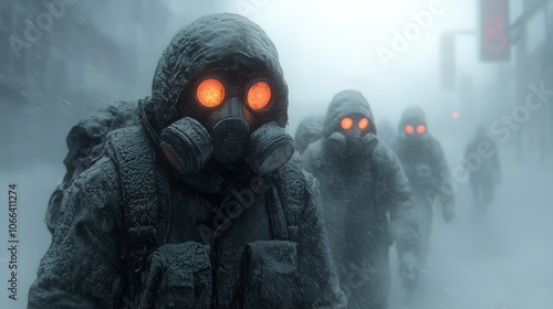 People in Gas Masks Walking Through a Foggy City