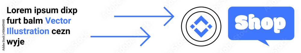 A design with two blue arrows pointing towards a bubble with the word shop and a placeholder text on the left. Ideal for e-commerce, online stores, digital marketing, retail, and web design. Banner A design with two blue arrows pointing towards a bubble with the word shop and a placeholder text on the left. Ideal for e-commerce, online stores, digital marketing, retail, and web design. Banner