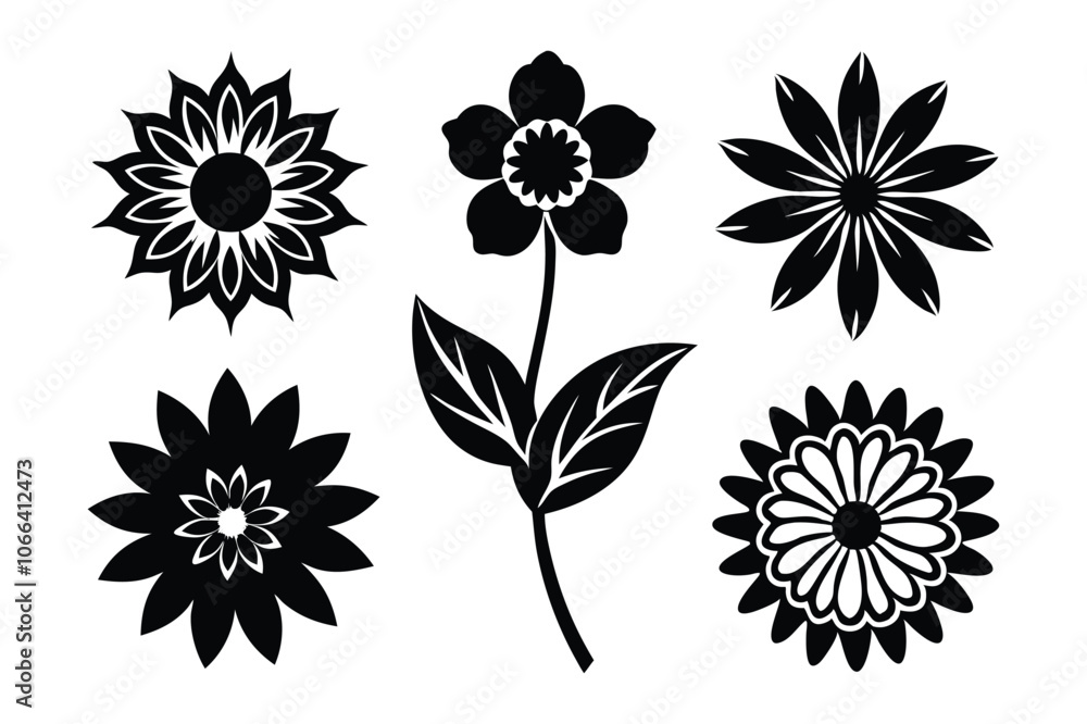 set of 6 pcs flower icon silhouette design with white background set of 6 pcs flower icon silhouette design with white background