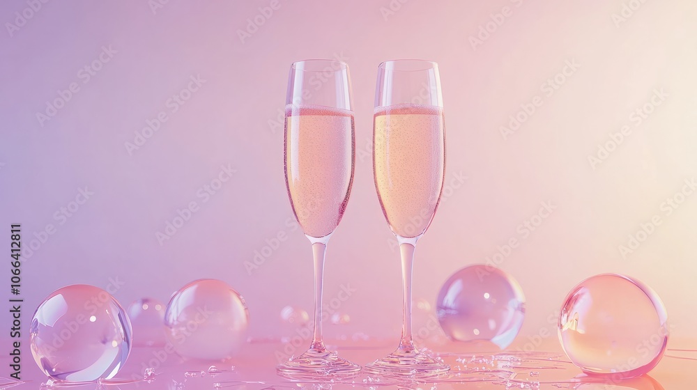 Happy new year celebration background concept made from champagne and glasses on pastel background. Happy new year celebration background concept made from champagne and glasses on pastel background.