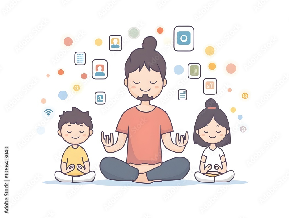 Flat Family Meditation Digital Mindfulness Apps Bokeh Effects Serenity Bonding Well-Being Technology Simple Vector Illustration Flat Family Meditation Digital Mindfulness Apps Bokeh Effects Serenity Bonding Well-Being Technology Simple Vector Illustration