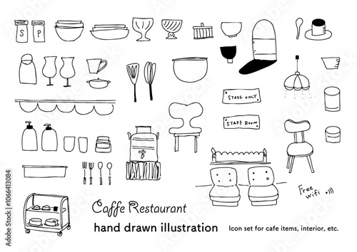 カフェインテリアアイコンセット手描きのイラスト