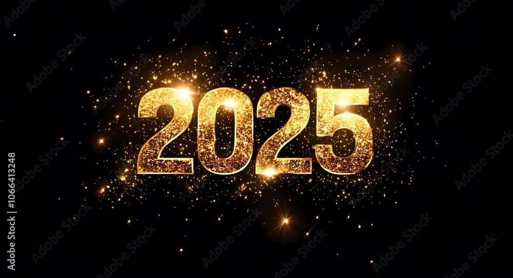 2025 is written in front of fireworks, with glittering background 2025 is written in front of fireworks, with glittering background